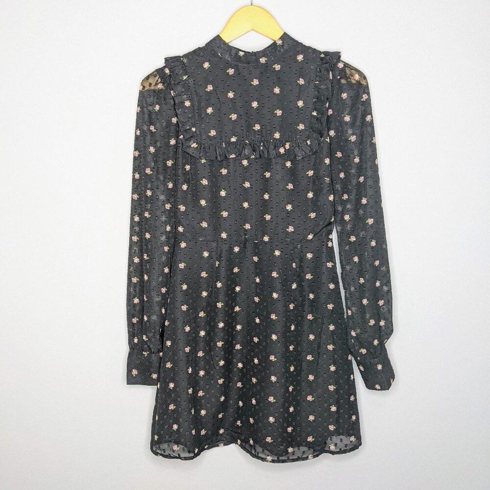 WAYF Black Long Sleeve Ruffle Bib Mini Dress S